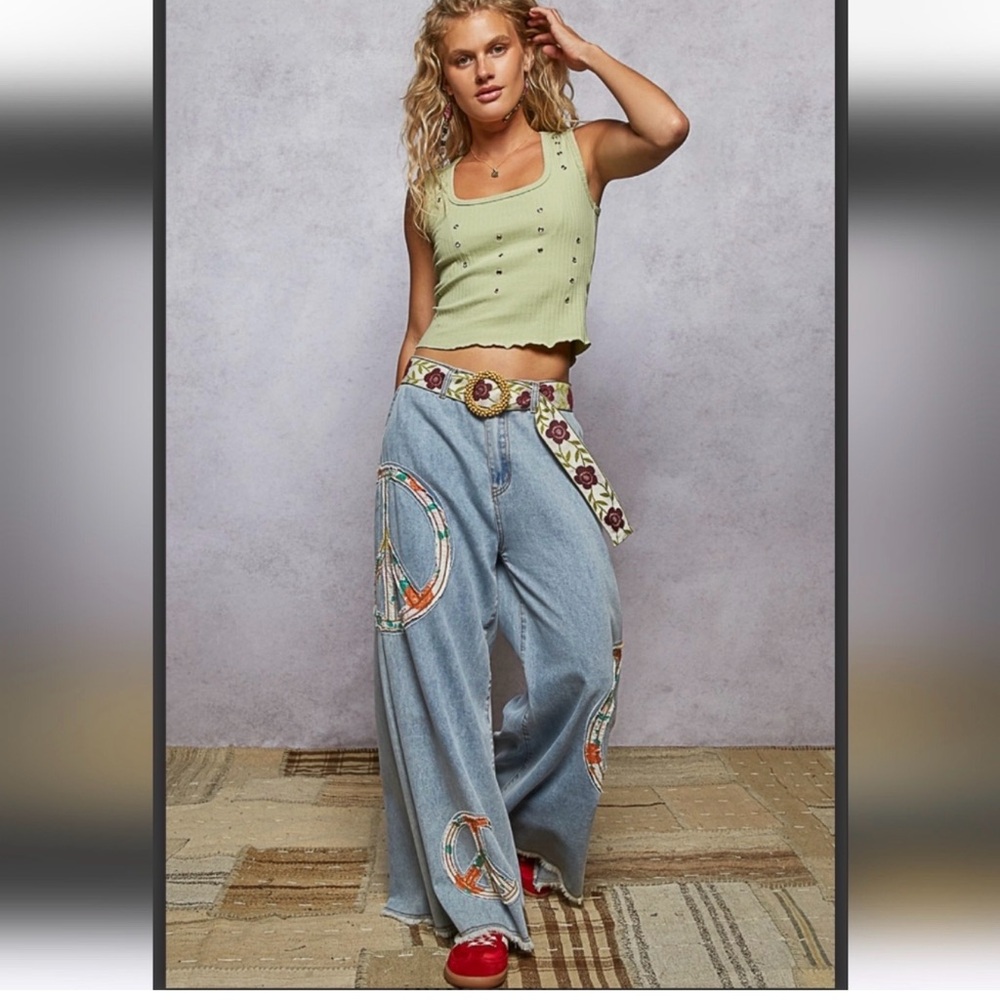 POL EMBROIDERED WIDE LEG JEANS WITH PEACE SIGNS!!!